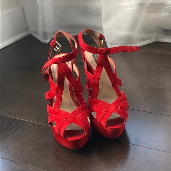 Zara Platform Coral Red Chunky Heels - Picture 2 of 4